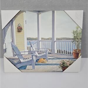 Coastal Lakeview Chairs on Porch Vinyl Canvas Wall Art Unframed 14"x11"x1" NWOT